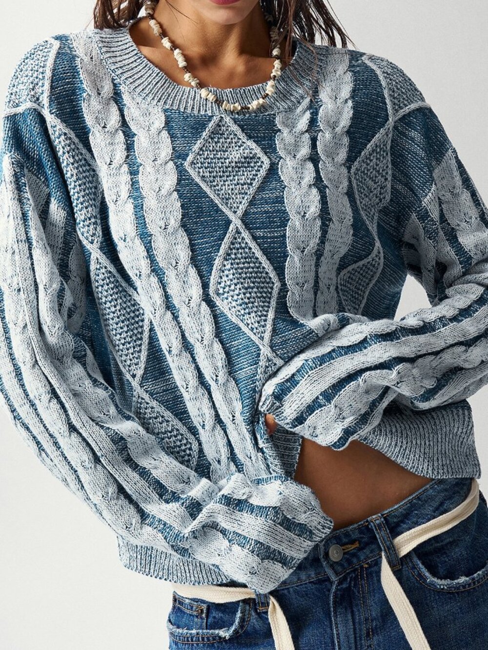 Blue Casual Women's Argyle Cable Knit Lazy Long Sleeve Sweater - Picture 4 of 6